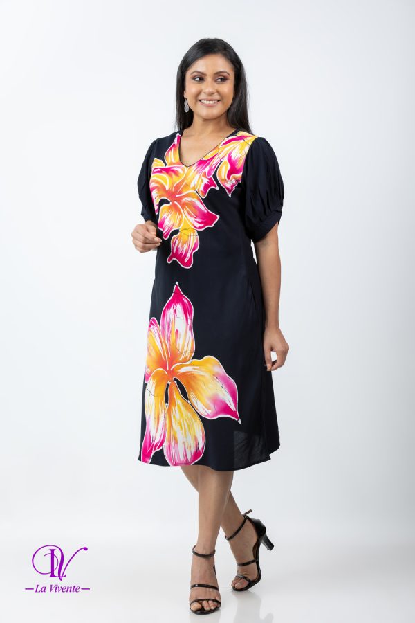 Floral Printed Puff Sleeved Batik Short Dress - Image 2