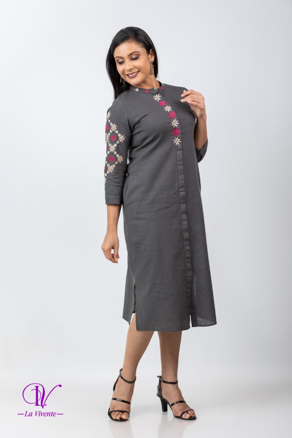 Geometric Embroidered Button Up Midi Dress - Image 2