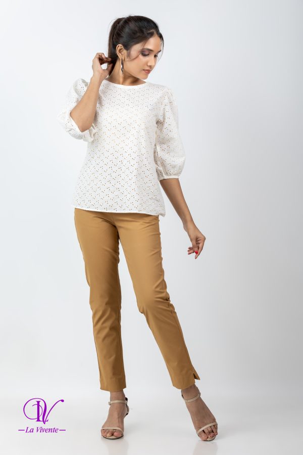Puff Sleeved Cutlon Patterned Blouse Top - Image 4