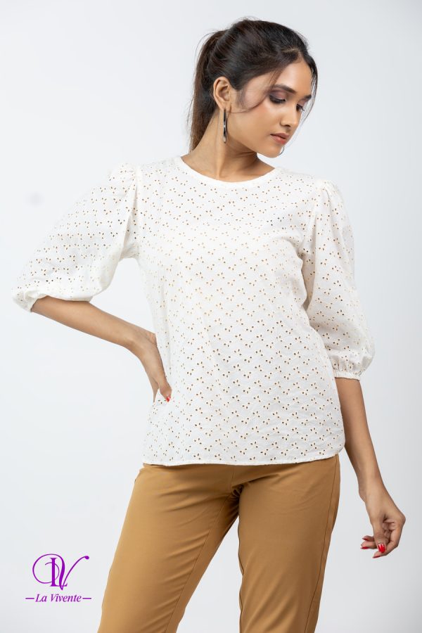 Puff Sleeved Cutlon Patterned Blouse Top - Image 3