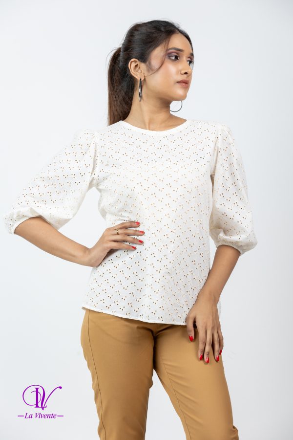 Puff Sleeved Cutlon Patterned Blouse Top - Image 2