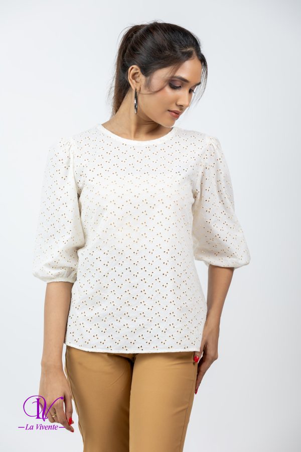 Puff Sleeved Cutlon Patterned Blouse Top
