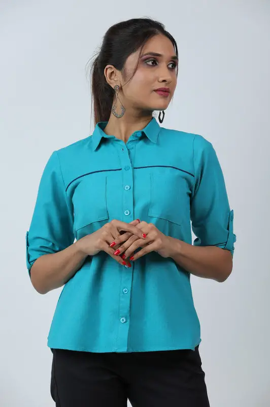 Front Yoke Piping Detailed Shirt Blouse - Image 3