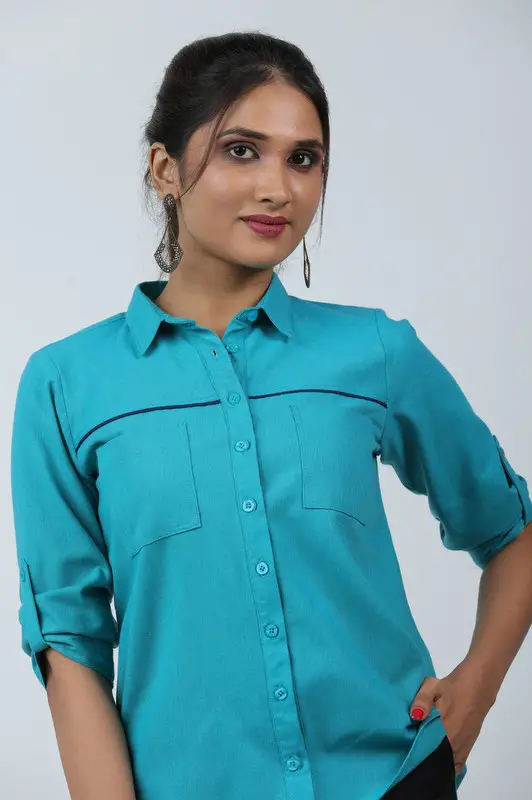 Front Yoke Piping Detailed Shirt Blouse - Image 4