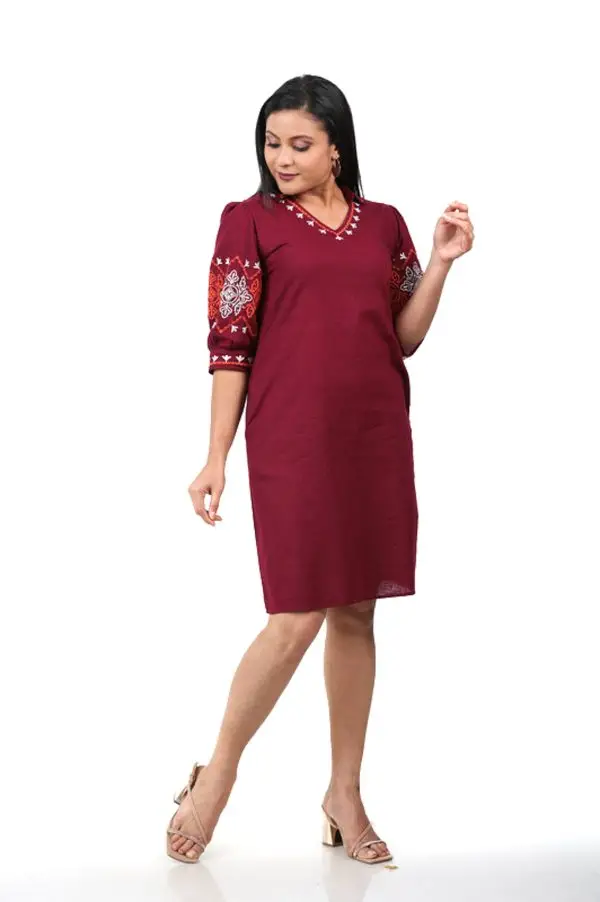 Sleeve & Neck Embroidered Shirt Collared Short Dress - Image 3