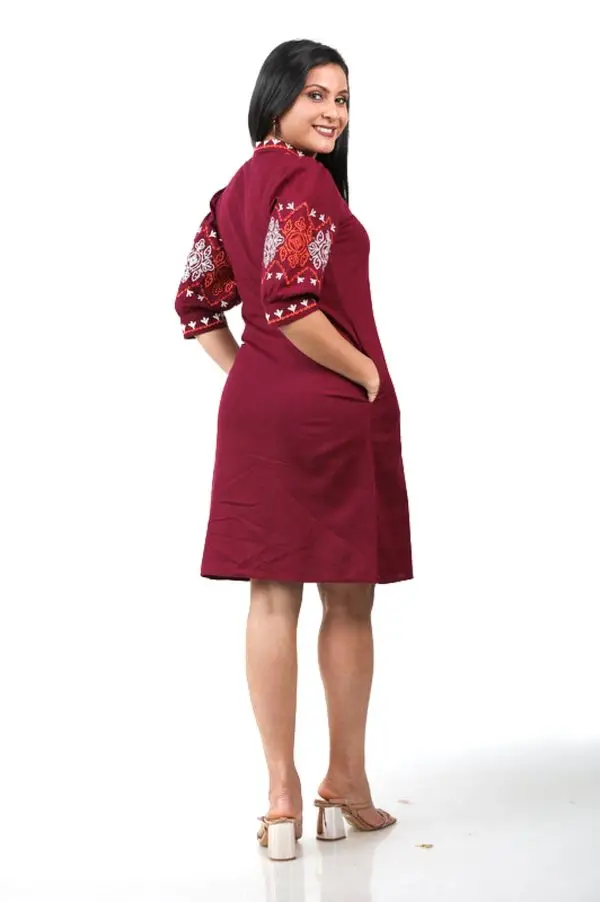 Sleeve & Neck Embroidered Shirt Collared Short Dress - Image 4