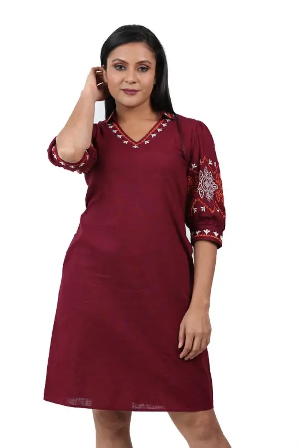 Sleeve & Neck Embroidered Shirt Collared Short Dress