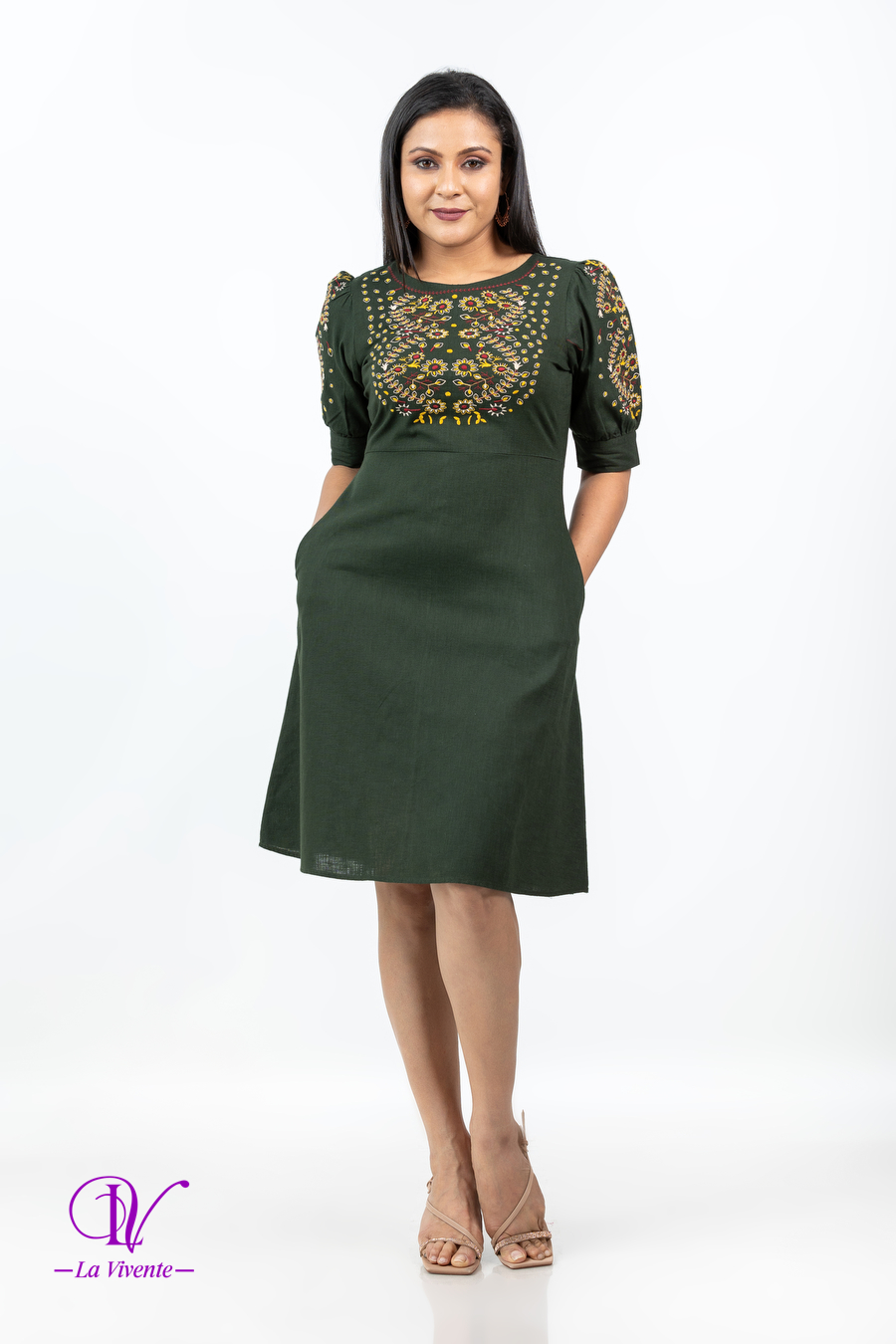 Floral Embroidery Linen Short Dress - Image 3