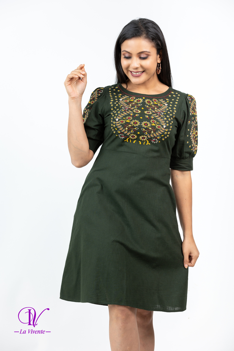 Floral Embroidery Linen Short Dress - Image 2