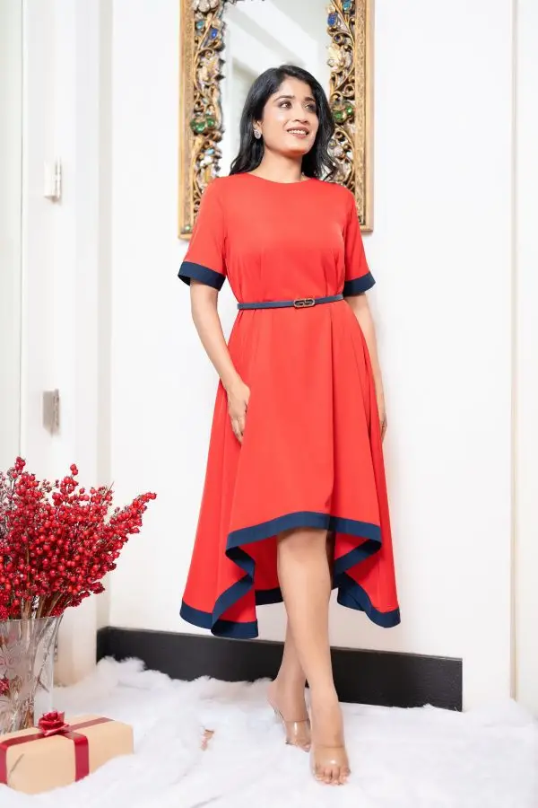 Hem & Sleeve Contrast Detailed High-Low Short Dress - Image 6