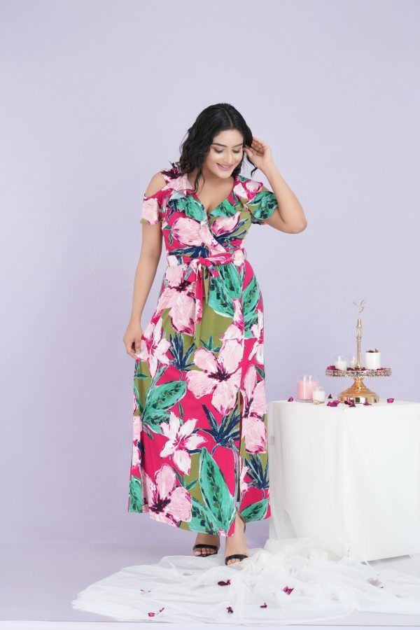 Floral Patterned Overlap Detailed Belted Maxi Dress - Image 4
