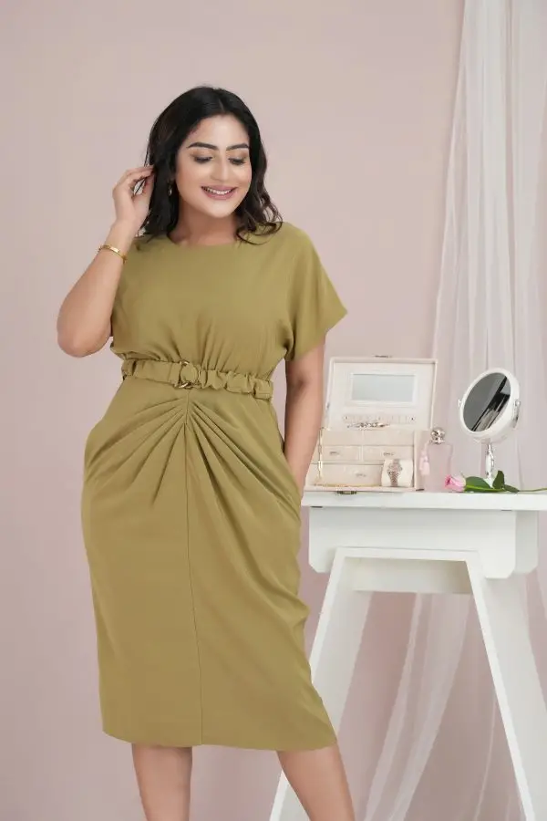 Front Pleat Detailed Belted Short Dress
