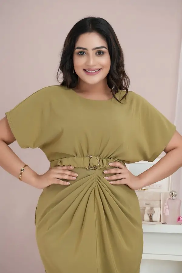 Front Pleat Detailed Belted Short Dress - Image 4