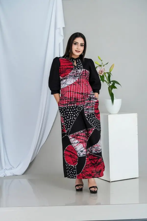 Abstract Printed Puff Sleeved Batik Maxi Dress