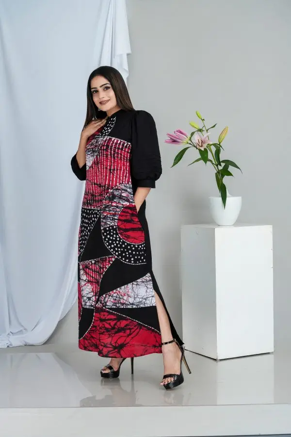 Abstract Printed Puff Sleeved Batik Maxi Dress - Image 2