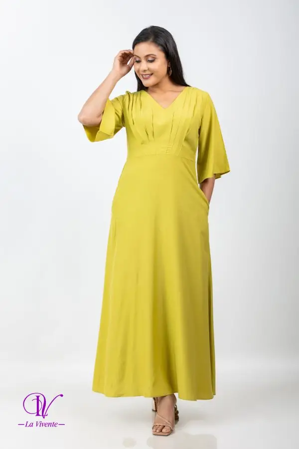 Front Pleated Bell Sleeved Maxi Dress - Image 3