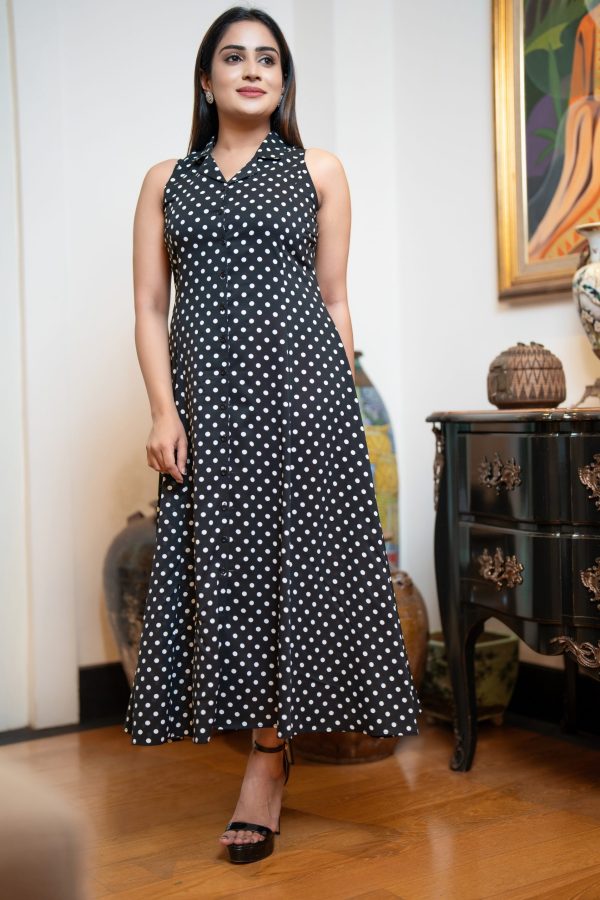 Sleeveless Polka Dot Lapel Collared Button Up Maxi Dress - Image 4