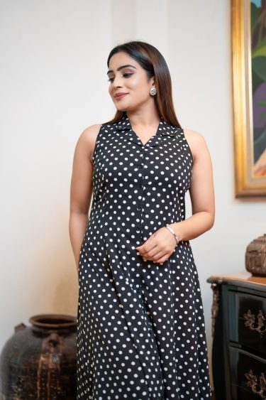 Sleeveless Polka Dot Lapel Collared Button Up Maxi Dress