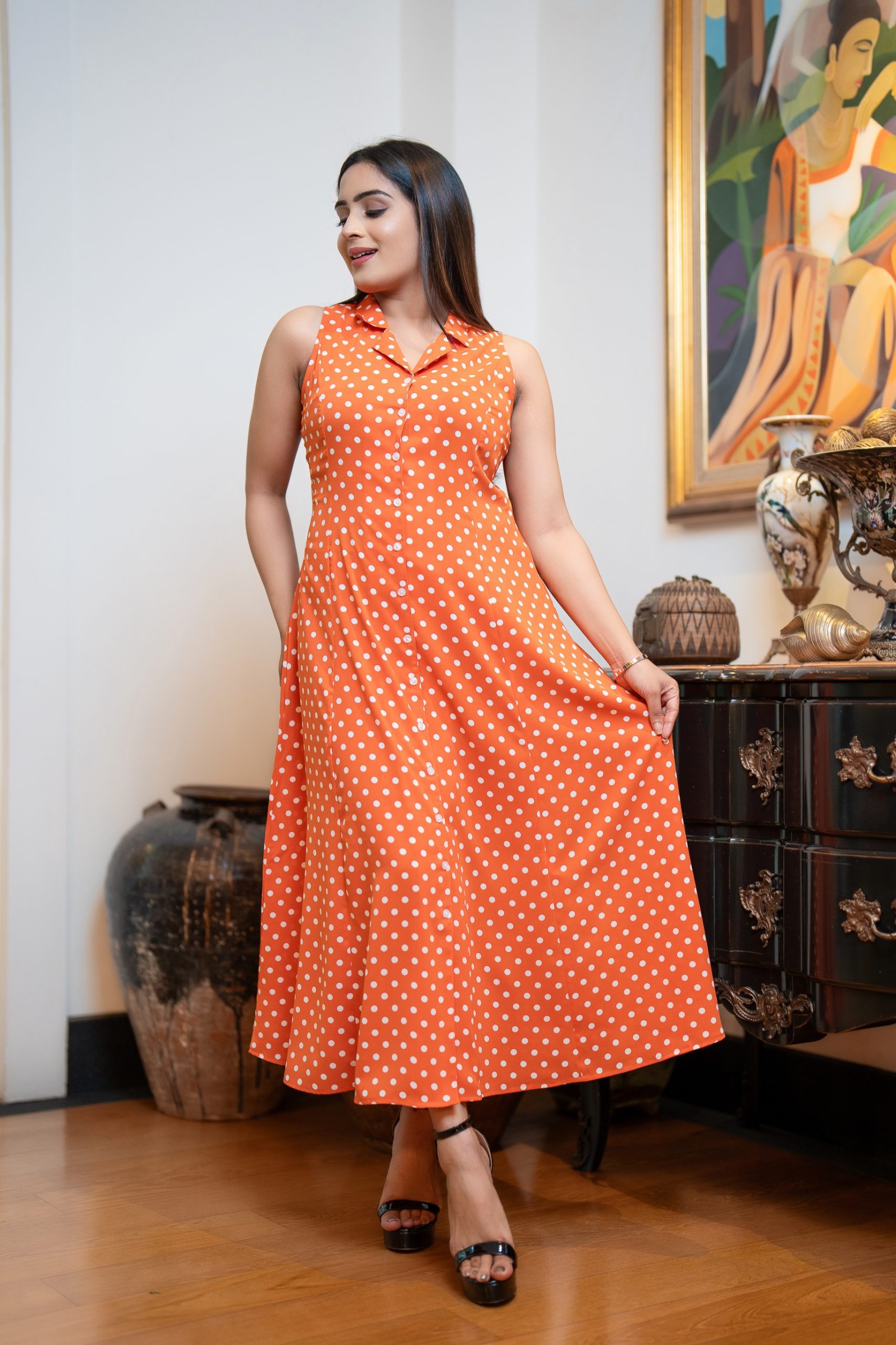 Lapel Collared Sleeveless Polka Dot Maxi Dress - Image 4