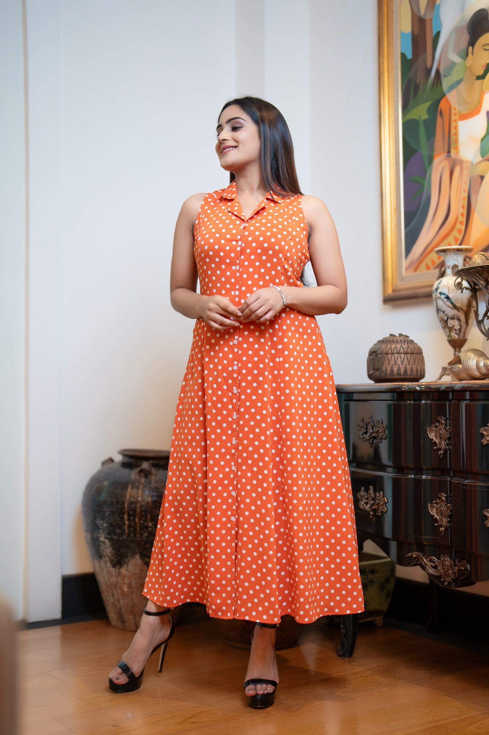 Lapel Collared Sleeveless Polka Dot Maxi Dress - Image 3