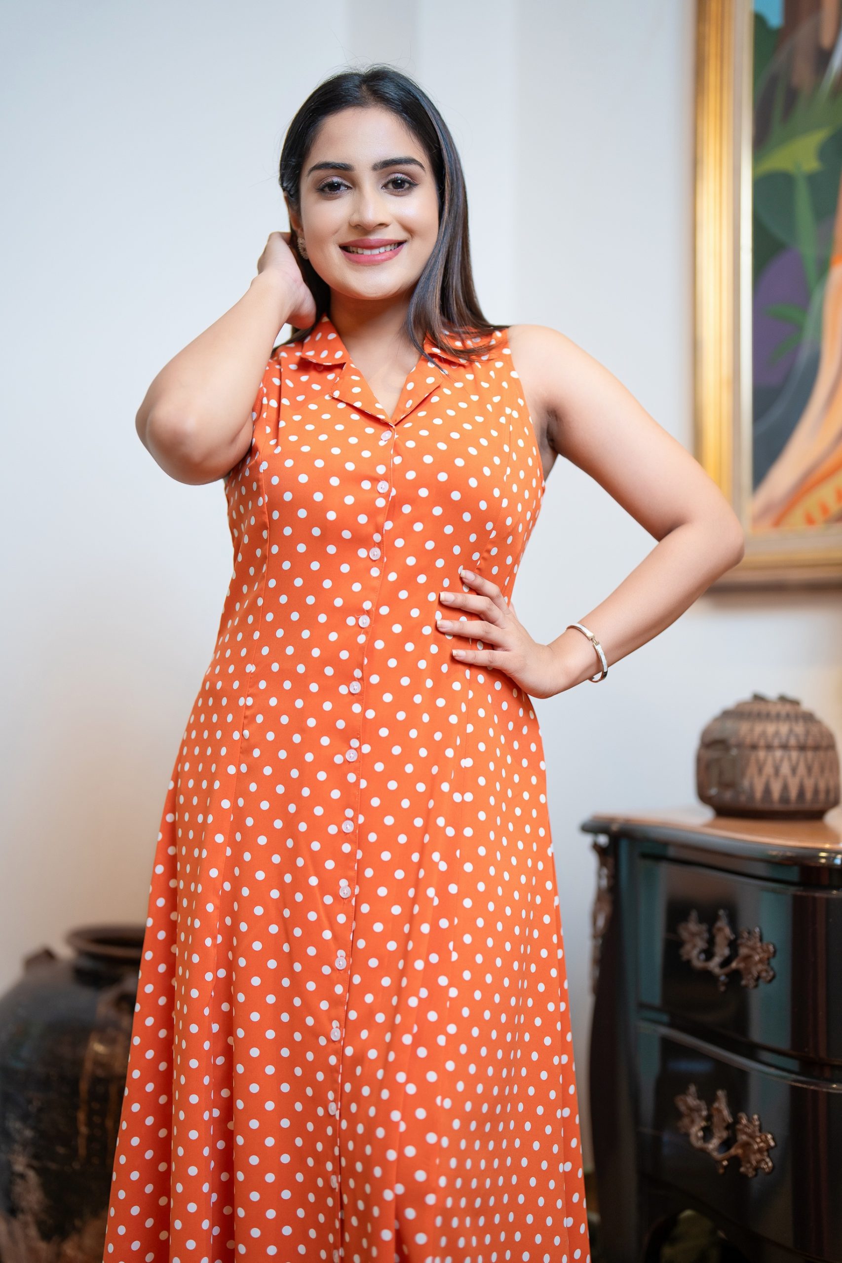 Lapel Collared Sleeveless Polka Dot Maxi Dress - Image 2