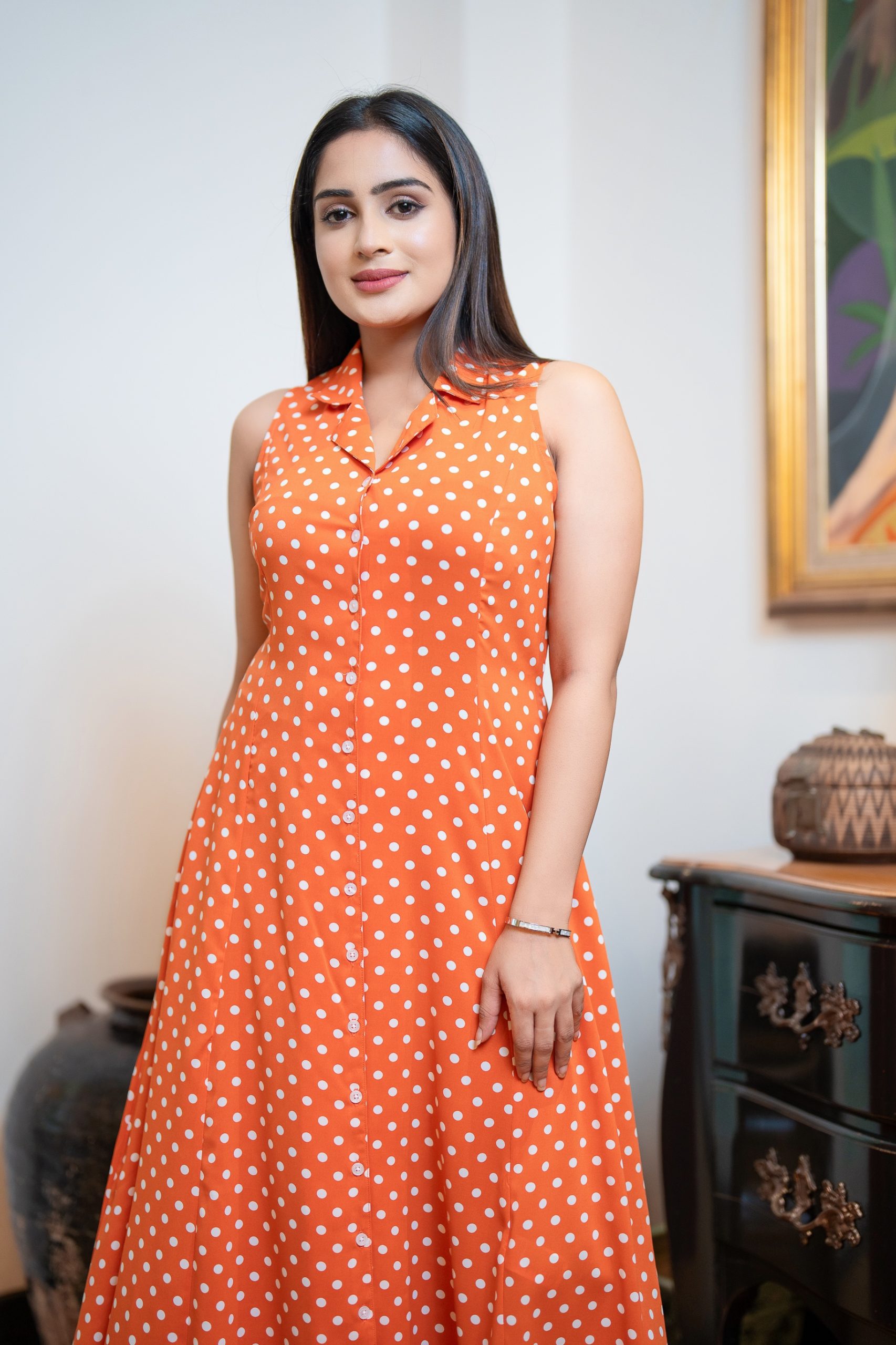 Lapel Collared Sleeveless Polka Dot Maxi Dress