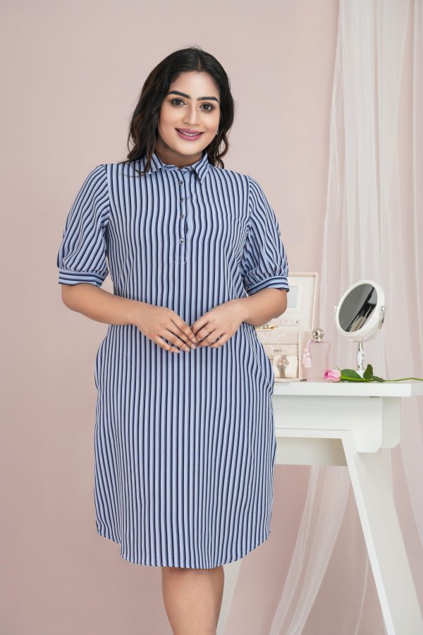 Striped Shirt Collared Short Dress - Image 4
