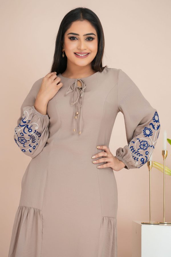 Sleeve Embroidered tie-up Neck Detailed Short Dress - Image 4