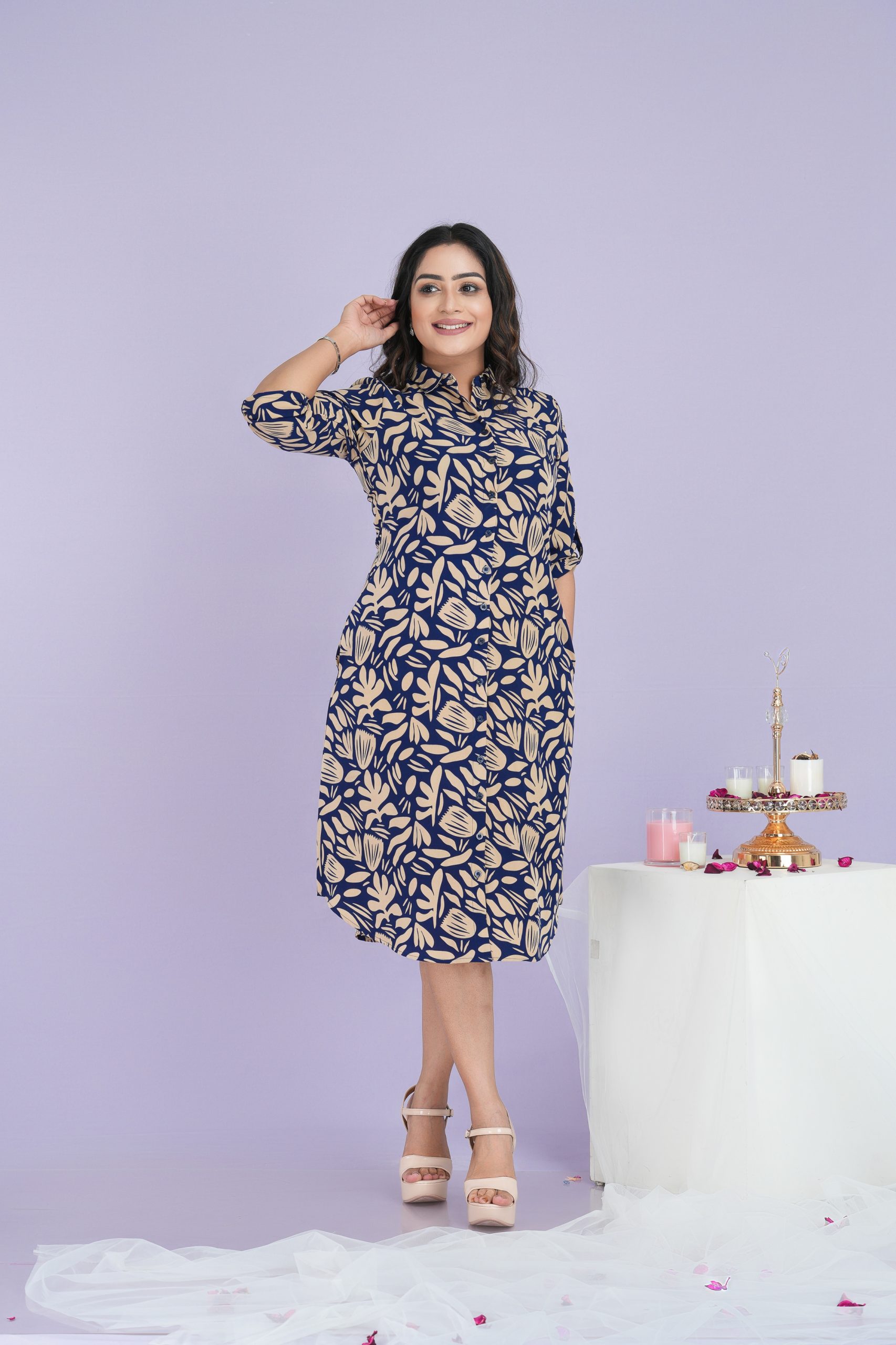 Abstract Floral Patterned Button Up Shirt Dress - La Vivente