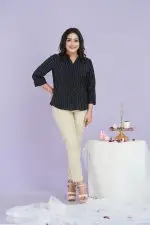 Striped Chinese Collared Blouse Top - Image 3