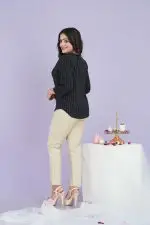 Striped Chinese Collared Blouse Top - Image 2