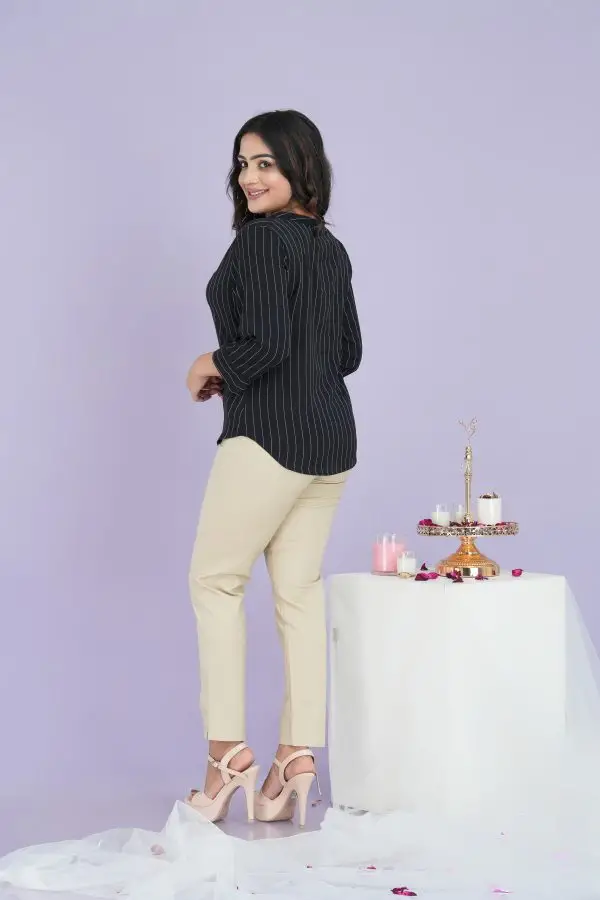 Striped Chinese Collared Blouse Top - Image 2