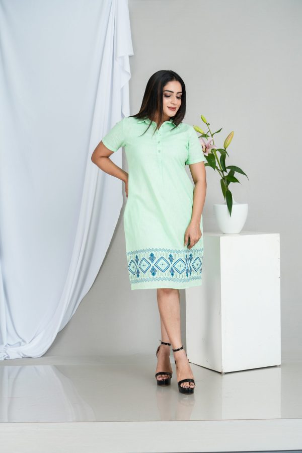 Geometric Embroidered Shirt Collared Short Dress - Image 3