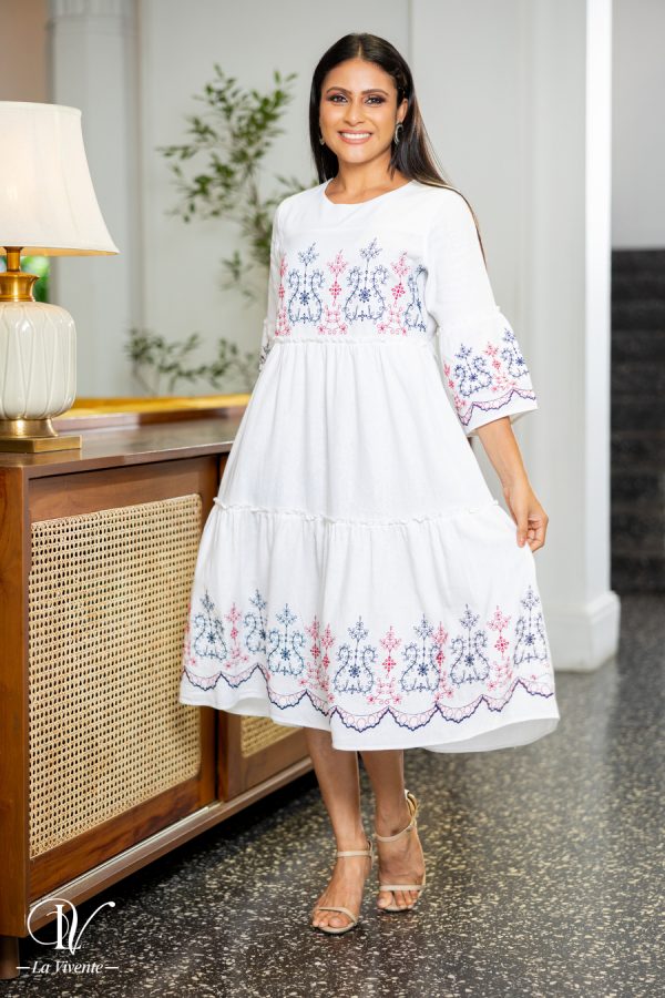 Geometric Floral Embroidered Tiered Midi Dress - Image 2