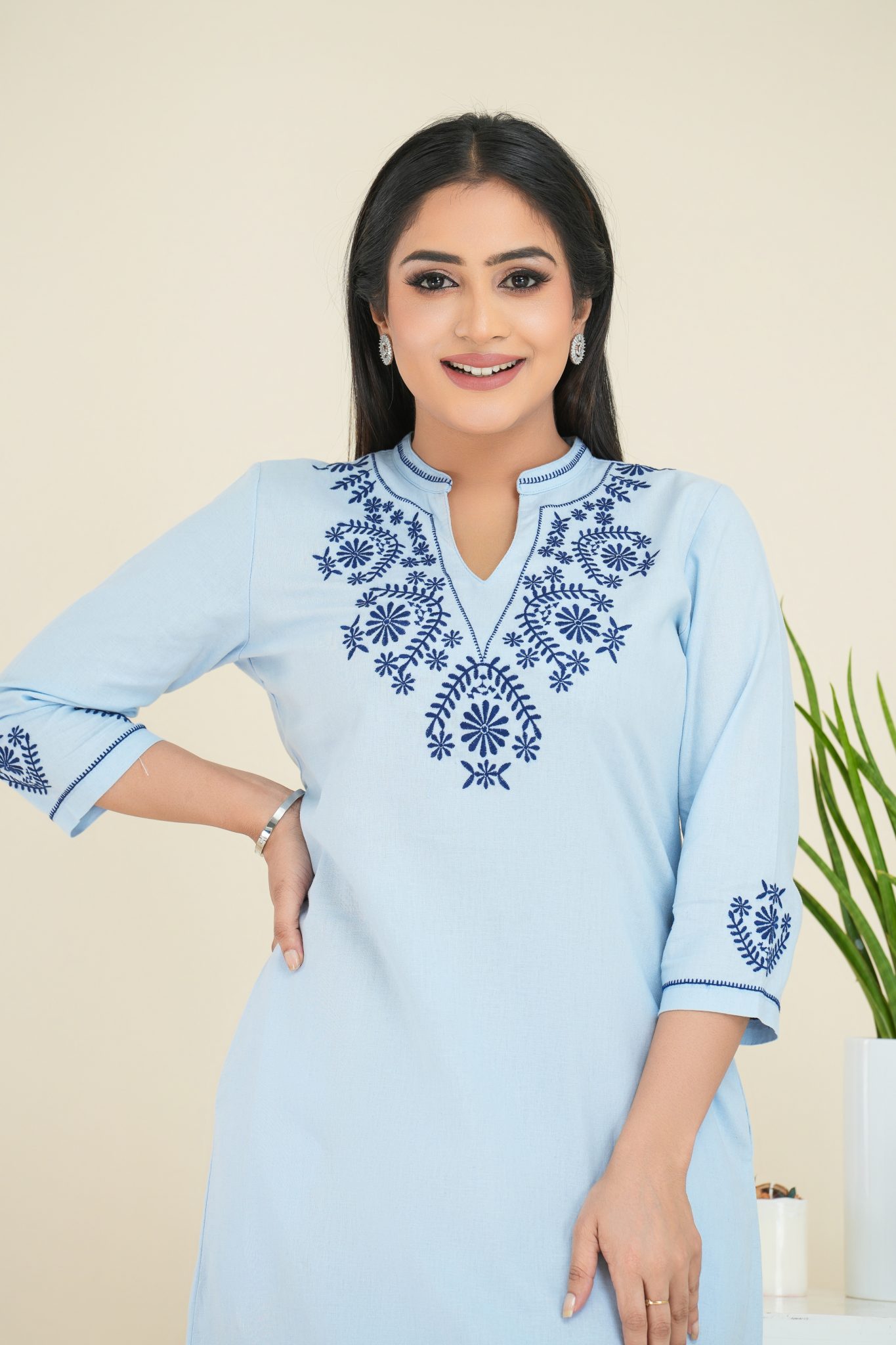 Floral Embroidered Chinese Collared Maxi Dress La Vivente floral-embroidered-chinese-collared-maxi-dress-la-vivente
