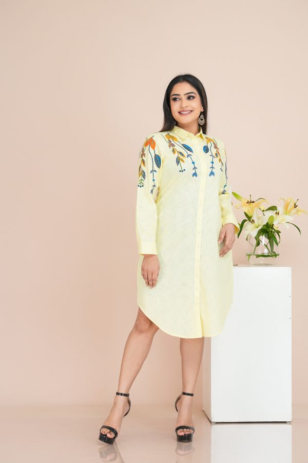 Embroidered Long Sleeved Button Up Short Shirt Dress - Image 2