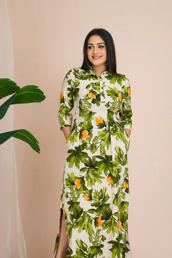 Floral Patterned Pleated Button Up Maxi Shirt Dress - Image 3
