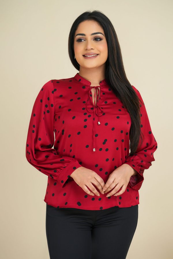 Polka Dot collar tie-up Long Sleeved Top - Image 2