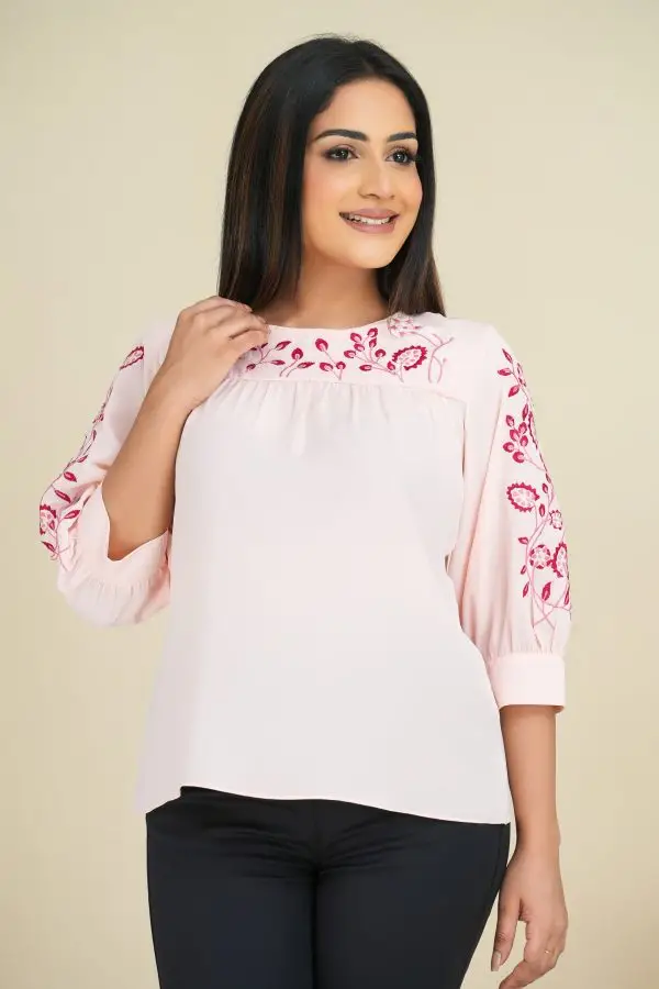 Floral Embroidered Yoke Detailed Blouse Top - Image 2