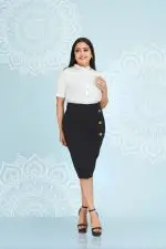 Mock Button  Detailed Asymmetric Pencil Skirt - Image 3