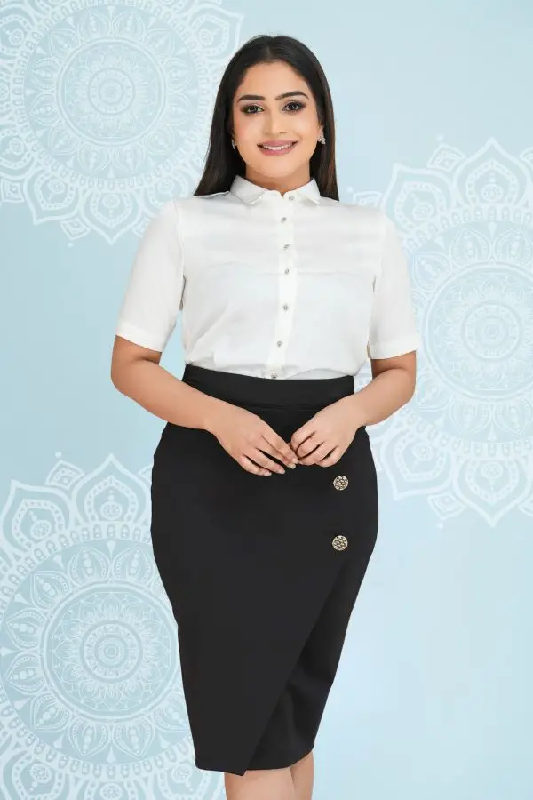 Mock Button  Detailed Asymmetric Pencil Skirt - Image 4