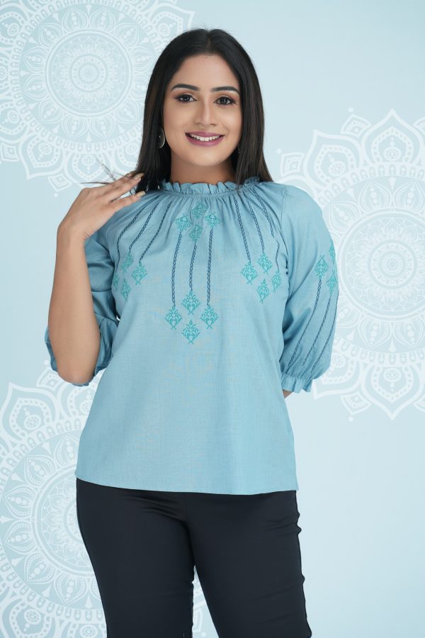 Geometric Embroidered Frilled Neck Detailed Top