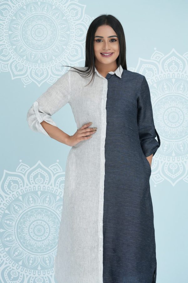 Striped Two-tone Maxi Shirt Dress - Image 4