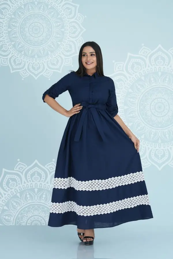 Contrast Lace Detailed Belted Maxi Dress