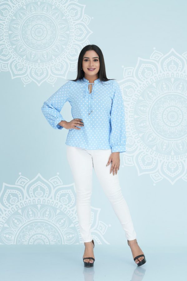Polka Dot Collar Tie-Up Long Sleeved Top - Image 4