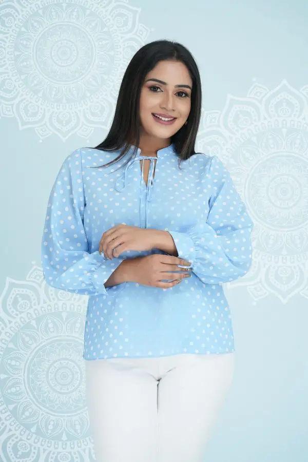 Polka Dot Collar Tie-Up Long Sleeved Top