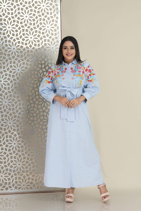 Floral embroidered button up belted maxi dress - Image 4