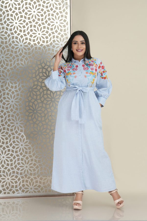 Floral embroidered button up belted maxi dress