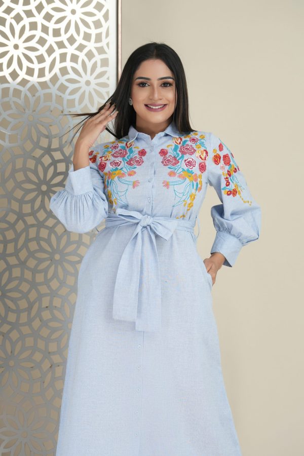 Floral embroidered button up belted maxi dress - Image 2