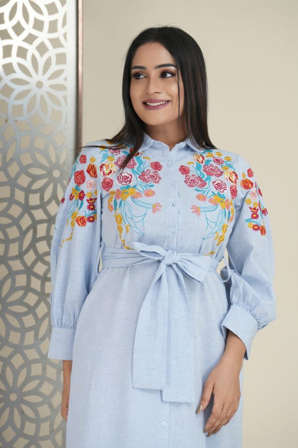 Floral embroidered button up belted maxi dress - Image 5